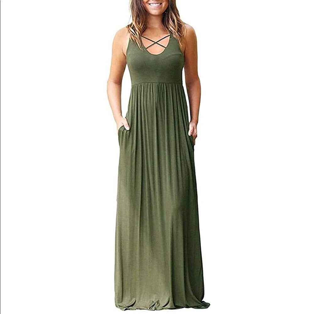 Olive Green Maxi Dress w Pockets - STRETCHY